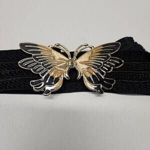 80s Black Gold Butterfly Buckle Clasp Black Cinch Waist Belt Size 36 Whimsygoth